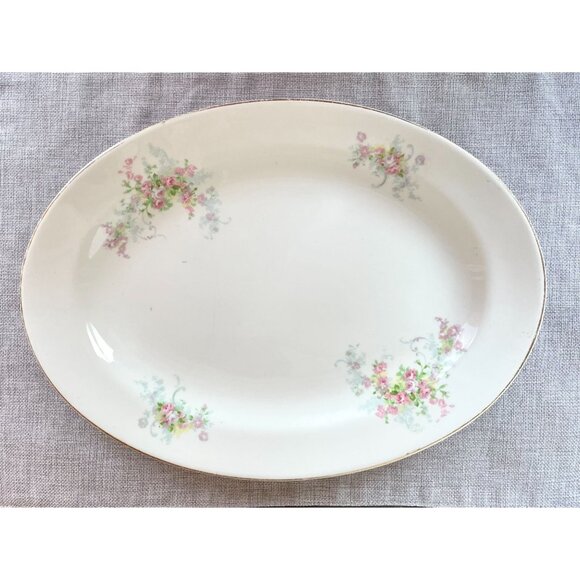 Vintage Edwin Knowles Semi-Vitreous China Oval Platter 14x10" w/Pink Floral - Picture 1 of 9
